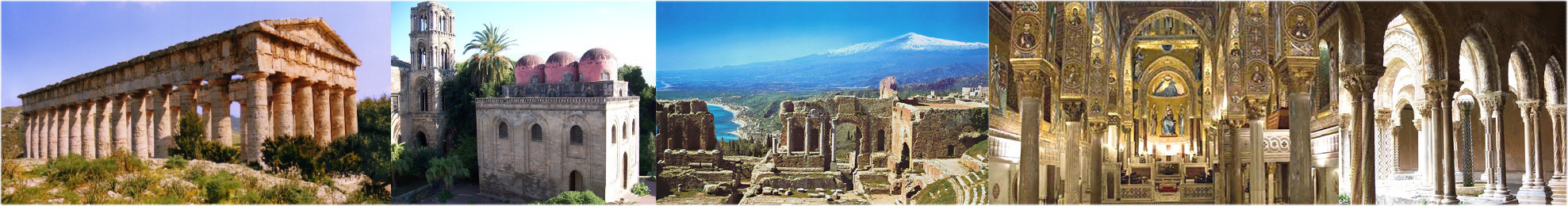 Segesta's Greek temple, San Cataldo Church and Martorana Tower in Palermo, Mt Etna and Taormina's Greek amphitheatre, Palermo's Palatine Chapel, Monreale's cloister.