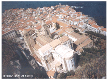 The cathedral and 
town viewed from the mountain.