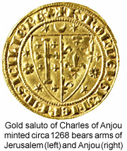 Cross of Kingdom of Jerusalem and fleurs de lis of Anjou on Angevin coin.