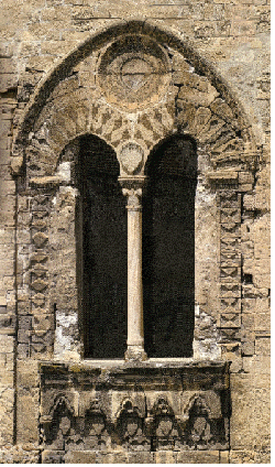 Two-light window in a medieval tower.