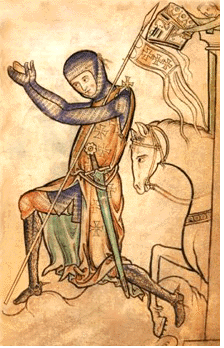 Crusading knight in medieval manuscript.