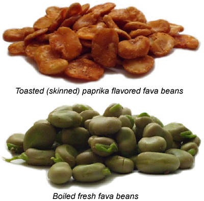Toasted paprika-flavored fava (above) and fresh boiled beans (below).