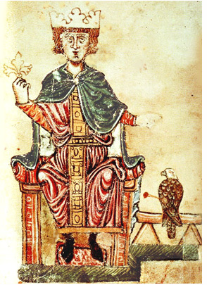Frederick enthroned, in the company of his favorite falcon.