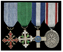 From left: Constantinian Order, Order of Saints Maurice and Lazarus, Order of Merit of Savoy, Order of Malta Medal.