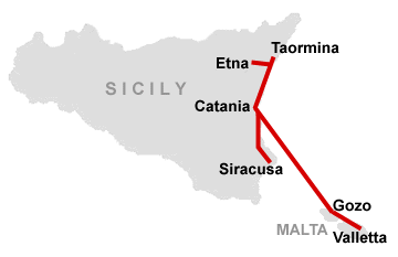 Itinerary in Malta and eastern Sicily.