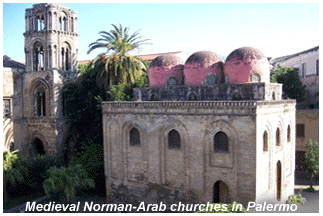 The Martorana (tower at left) and San Cataldo (with domes) churches in Palermo